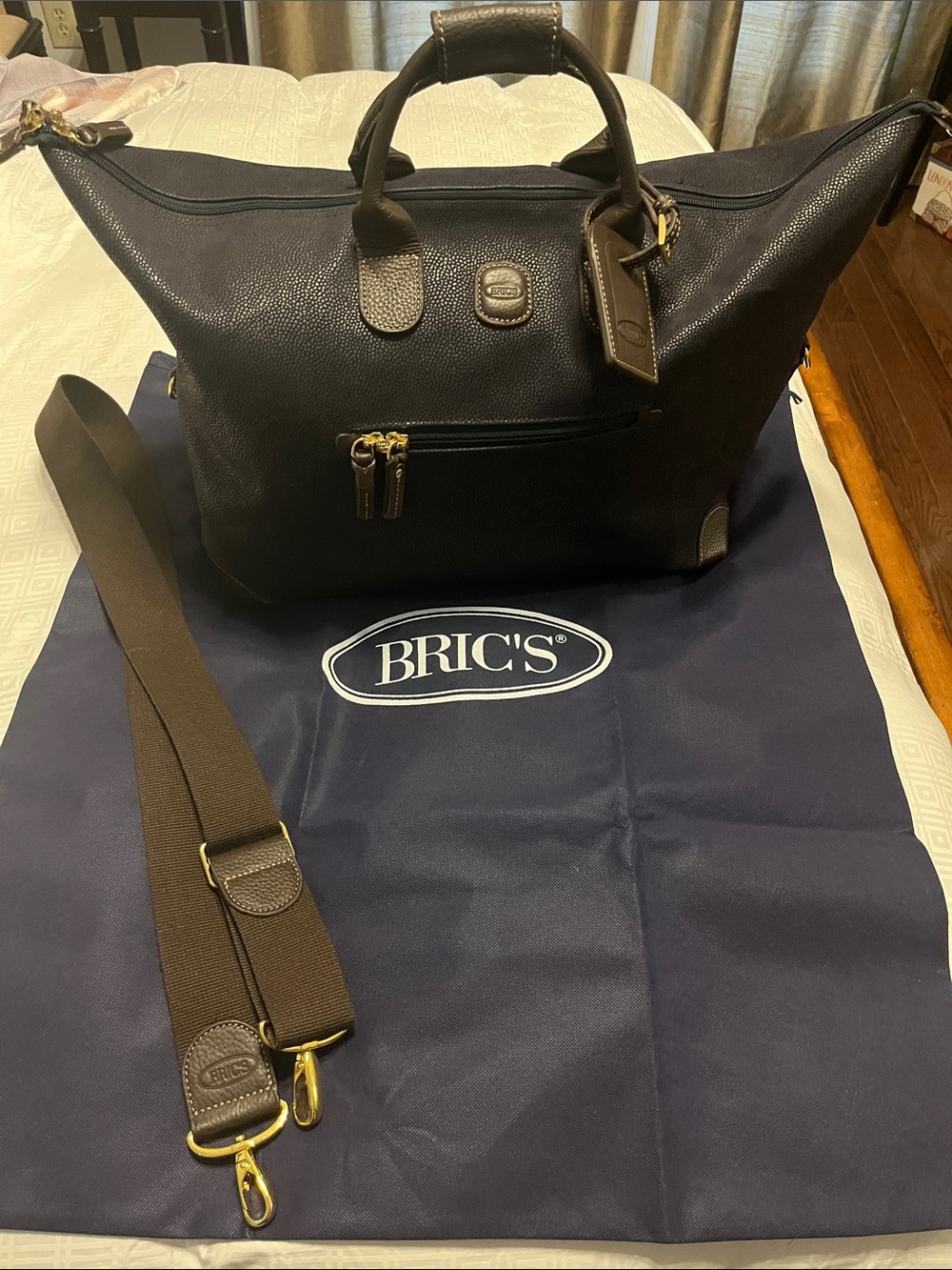 Bric's Deep Navy Canvas/Dark Brown Leather Trim Duffel Bag with Detachable Strap